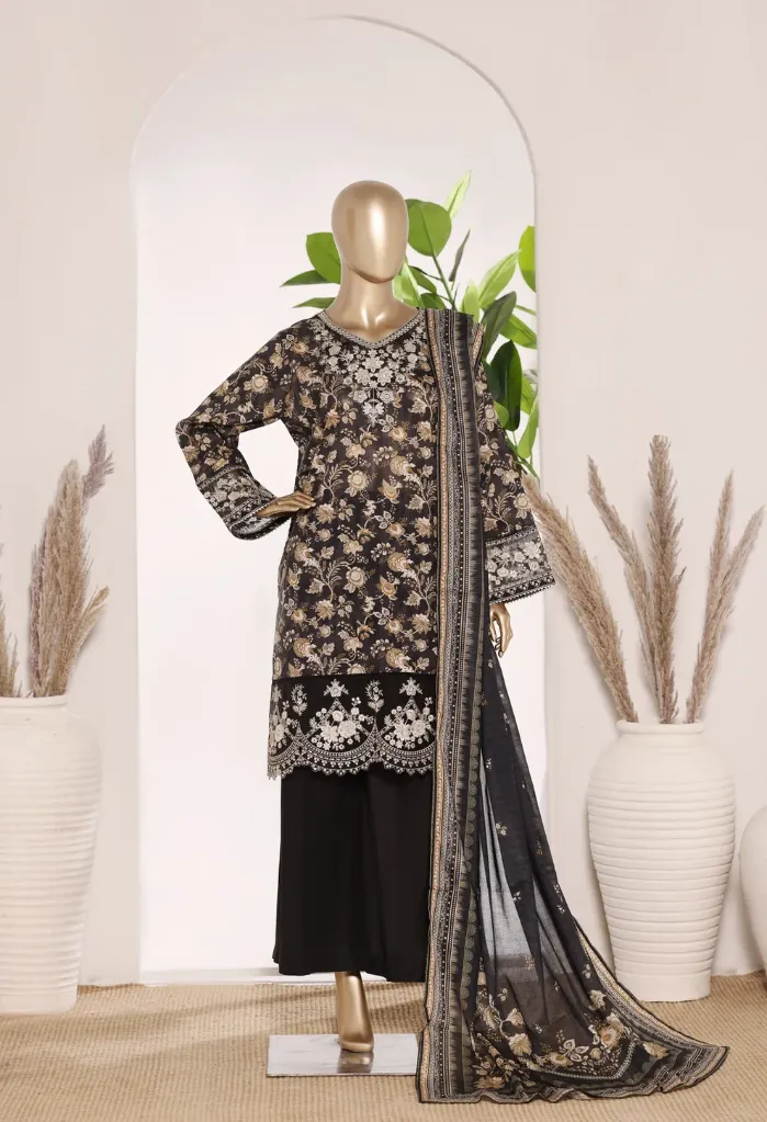 Bin Saeed - Exclusive Lawn Embd Short Length with Bell Bottom Trouser D-01 (M)