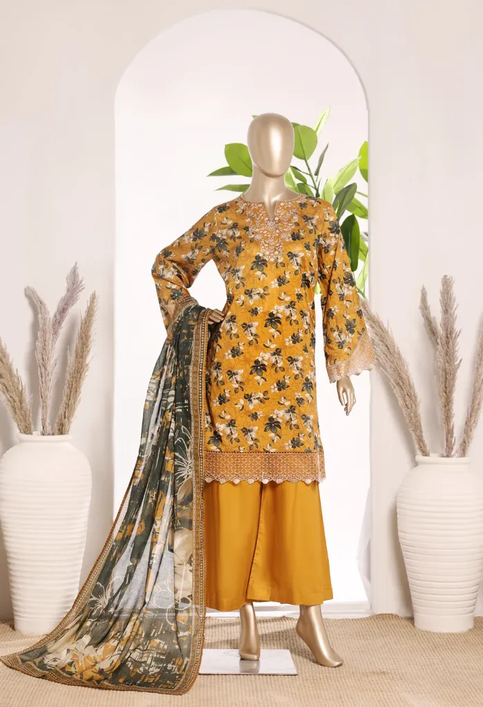 Bin Saeed - Exclusive Lawn Embd Short Length with Bell Bottom Trouser D-03 (M)