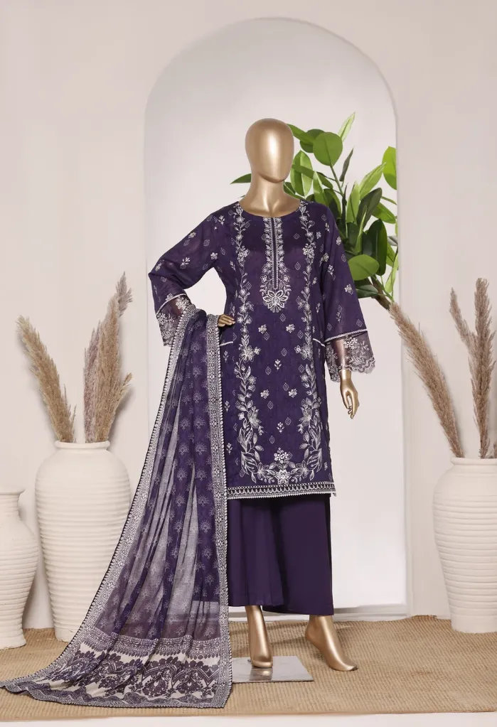 Bin Saeed - Exclusive Lawn Embd Short Length with Bell Bottom Trouser D-04 (M)