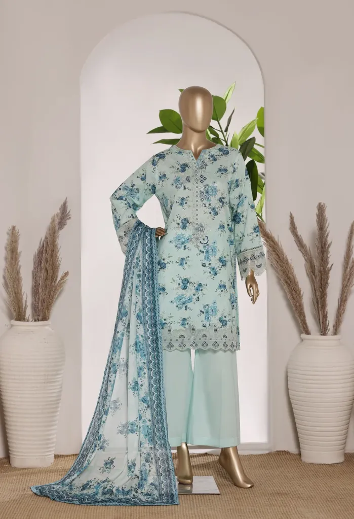 Bin Saeed - Exclusive Lawn Embd Short Length with Bell Bottom Trouser D-05 (M)