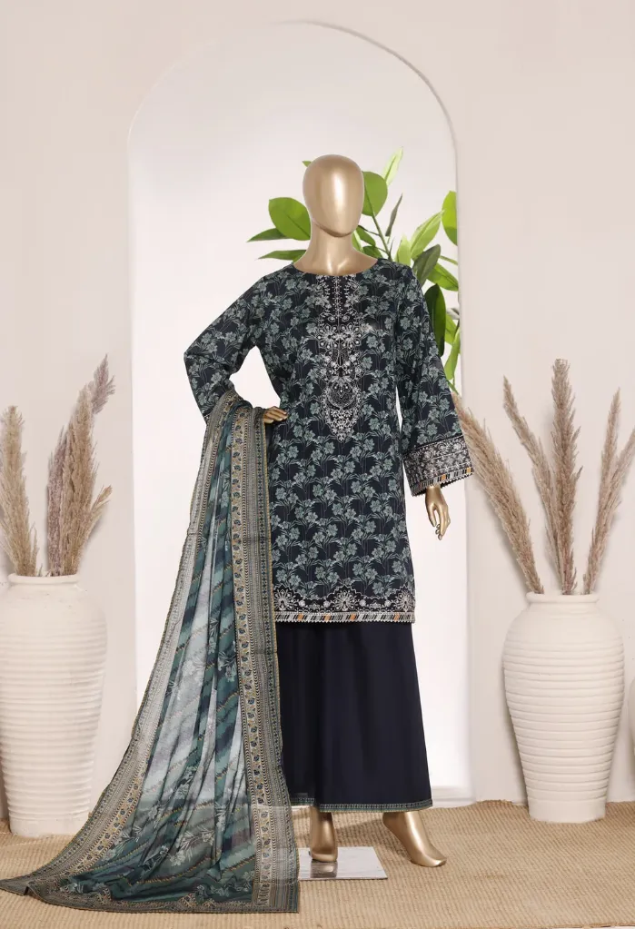 Bin Saeed - Exclusive Lawn Embd Short Length with Bell Bottom Trouser D-06 (M)