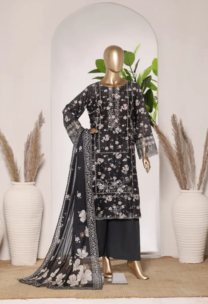 Bin Saeed - Exclusive Lawn Embd Short Length with Bell Bottom Trouser D-07 (M)