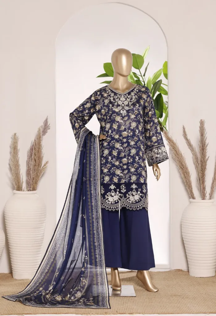 Bin Saeed - Exclusive Lawn Embd Short Length with Bell Bottom Trouser D-08 (M)