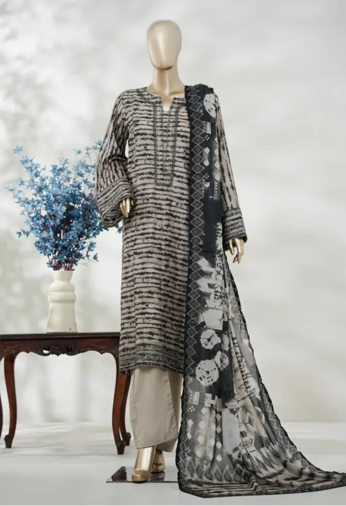 Bin Saeed - Exclusive Lawn Embd Long Length with Normal Trouser D-07 (M)