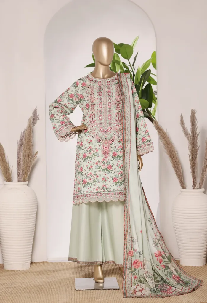 Bin Saeed - Exclusive Lawn Embd Short Length with Bell Bottom Trouser D-02